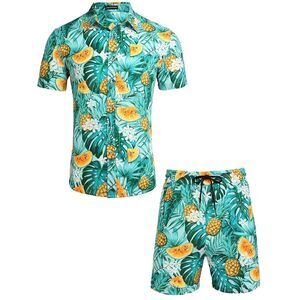 Hawaiian Shirt Shorts 2 PC Set Tropical Beach Outfit Palm Pineapple Mens Small